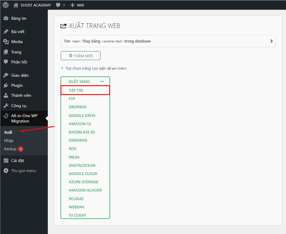 Sao lưu dữ liệu website WordPress với plugin All In One Migration